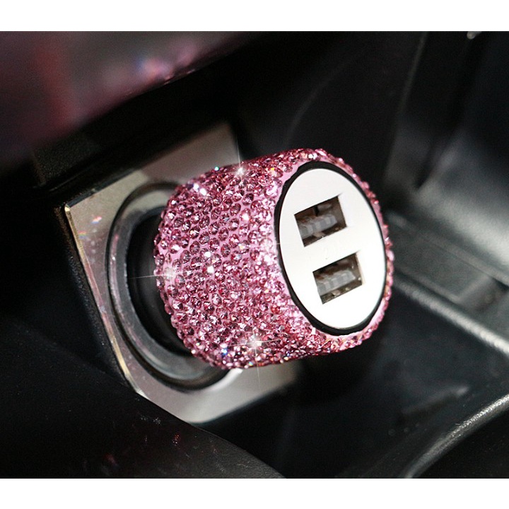 Tẩu Sạc Ô Tô Đính Đá 2 Cổng USB Kẹp Điện Thoại Đính Đá Dây Sạc Đính Đá