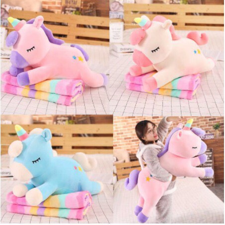 Bộ chăn gối kì lân 3 trong 1 - gối mền ngựa pony, Chăn Mền, Gấu Ôm Pony- Mền Cầu Vồng - Mền Trơn