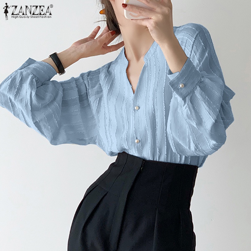 Zanzea Áo Sơ Mi Nữ Tay Dài Cổ Chữ V Phong Cách Hàn Quốc