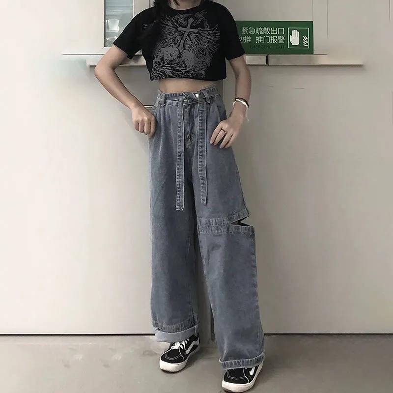 Quần bò nữ ống rộng, Quần Jeans ống nối suông có thắt eo siêu ngầu phong cách Hàn Quốc đủ size PHULA B5