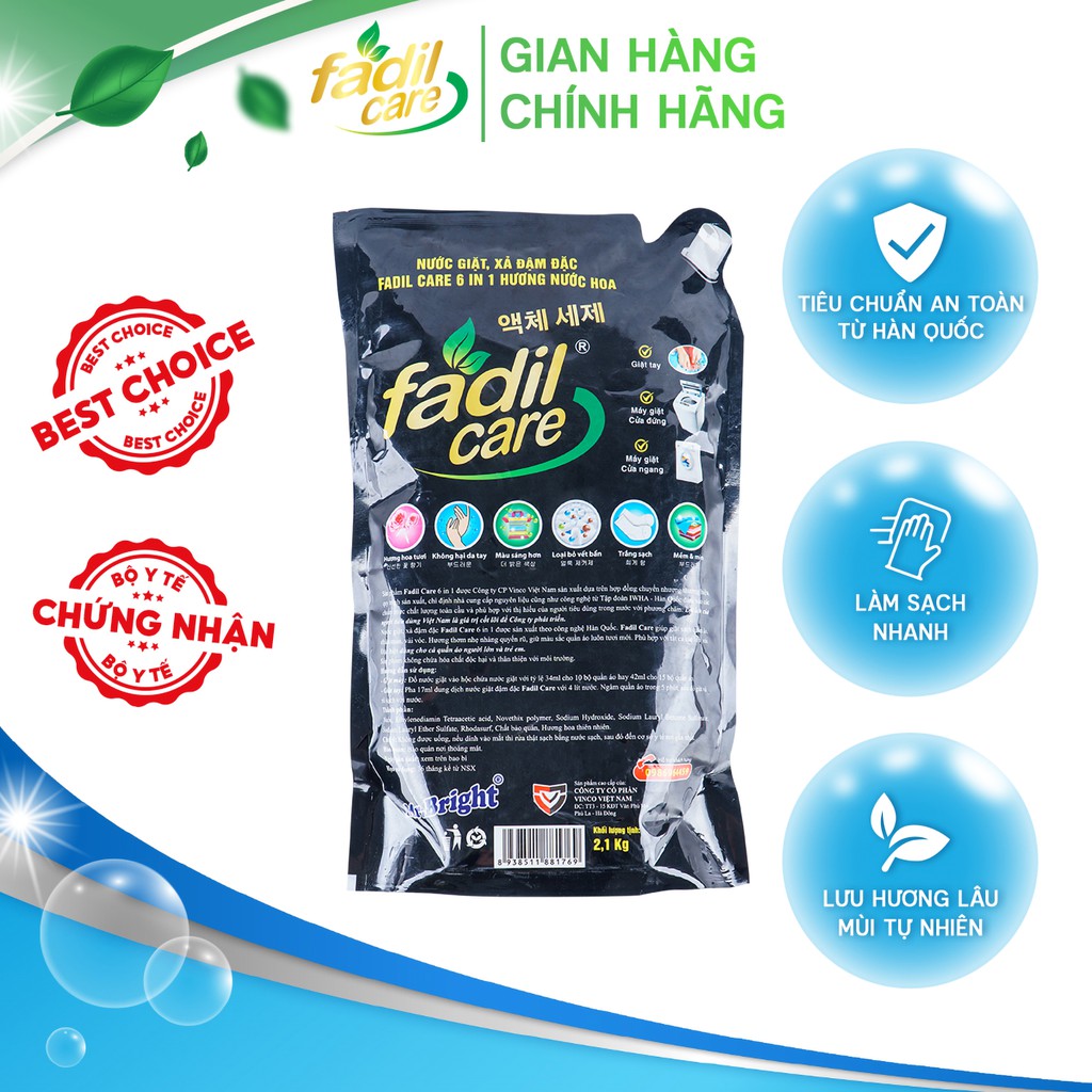Nước giặt xả Fadil Care đa năng công nghệ Hàn Quốc, Túi 2l, hương nước hoa Pháp