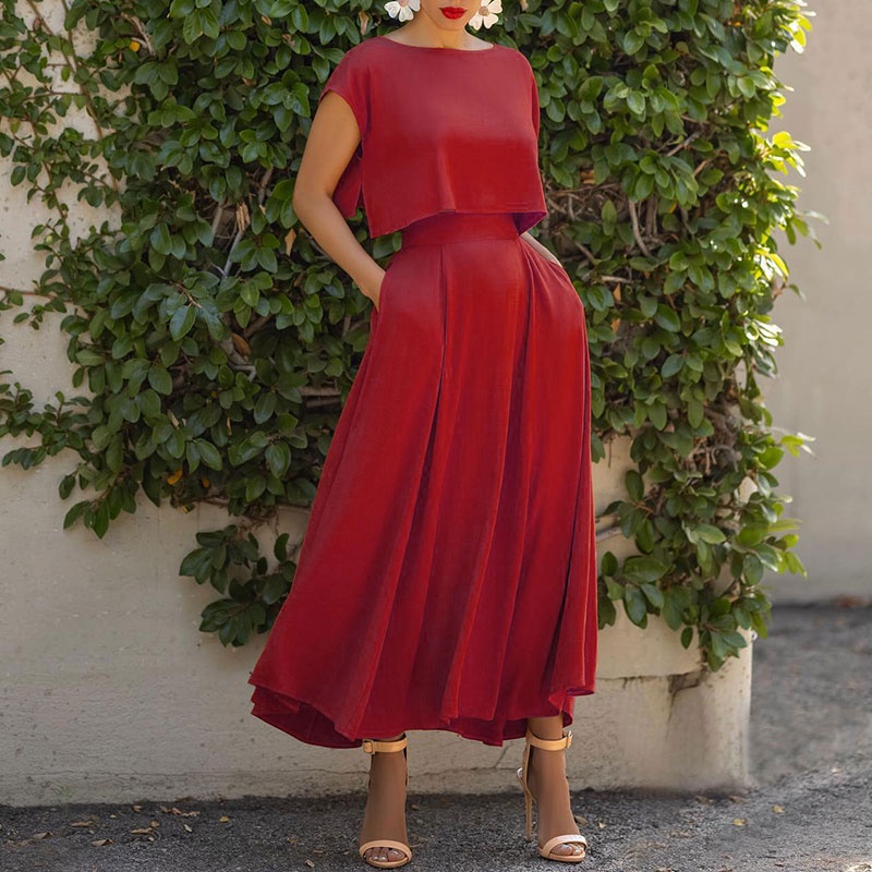 Set 2 món gồm áo tay ngắn màu trơn + chân váy Zanzea dáng chữ A đơn giản phong cách châu âu cho nữ