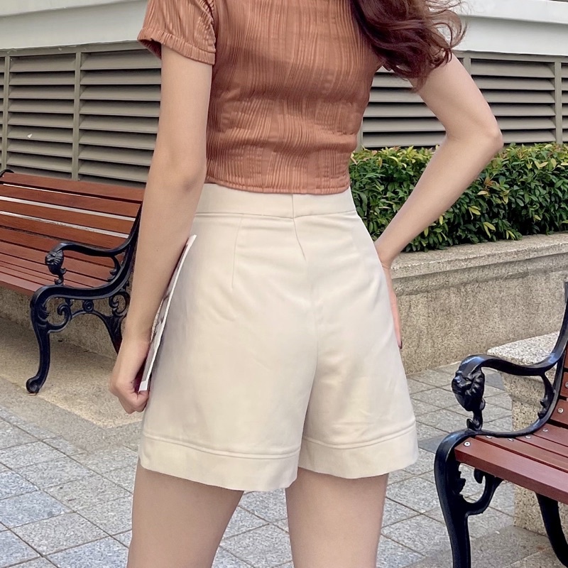 Quần đùi kaki ống rông cạp cao trắng đen be - Audrey Studio
