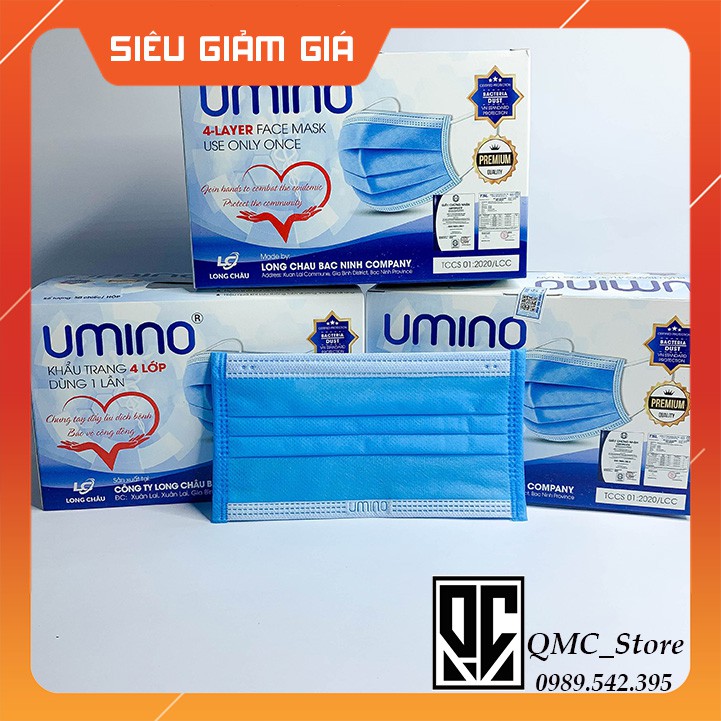 &lt;Sỉ= lẻ&gt; Khẩu trang y tế 4 lớp Umino màu xanh , hàng kháng khuẩn , hộp 50 cái #QMC