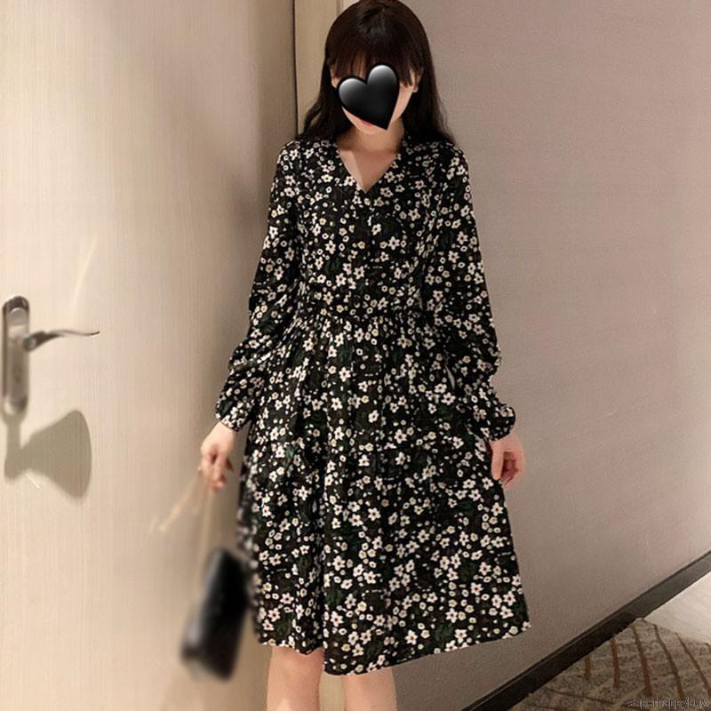 Đầm Tay Dài Lưng Cao Eo Thon Hoạ Tiết Hoa Phong Cách Mùa Thu Cổ điển Giản Dị Cho Nữ