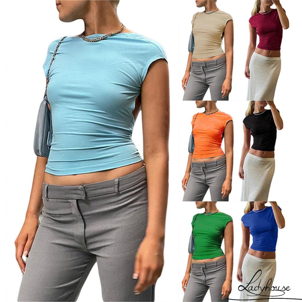 Áo Thun Crop Top Tay Ngắn Màu Trơn Hai Mặt Trước Sau Thời Trang Cho Nữ