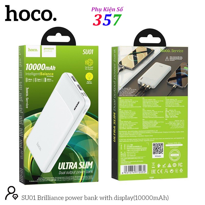 Sạc Dự Phòng Hoco SU01 dung lượng 10000mAh có đèn báo Pin 2 cổng ra - BH 12 Tháng (Màu ngẫu nhiên)