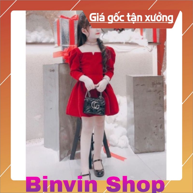 (SALE) Đầm đỏ bé gái dạng bí tay phồng đính cườm sau lưng