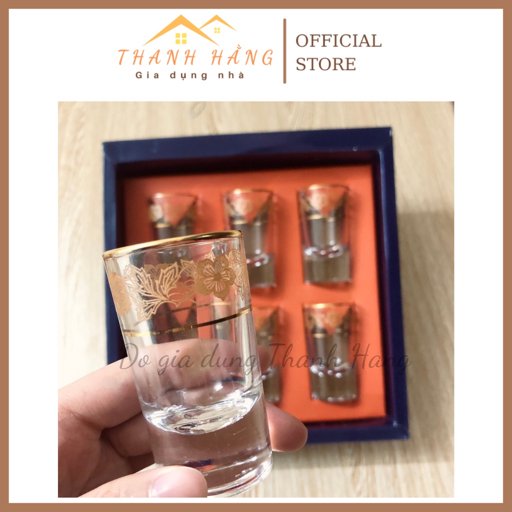 Bộ 6 ly uống rượu shot khảm hoạ tiết LOTUS GLASS_30ml freeship cao cấp quà tặng lịch sự