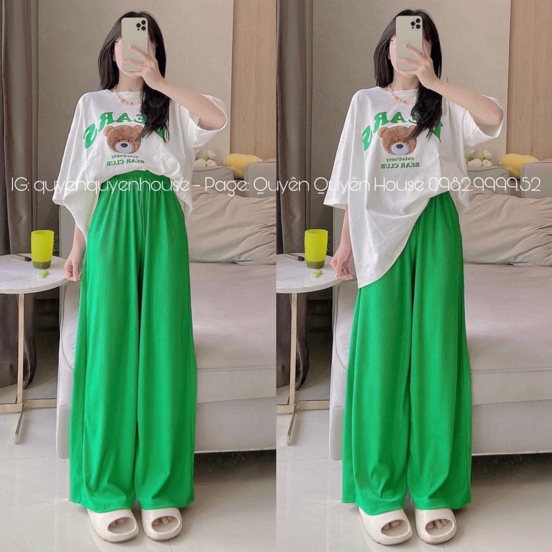 Set áo thun cotton gấu xinh xắn quần suông xanh