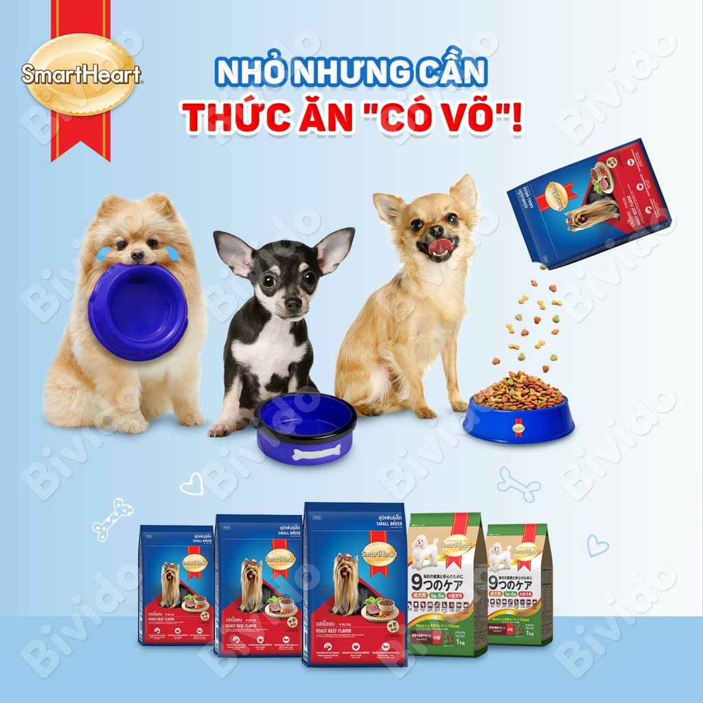 Thức ăn chó lớn giống nhỏ Smartheart Small Breed Adult vị bò túi 1.5kg - Bivido