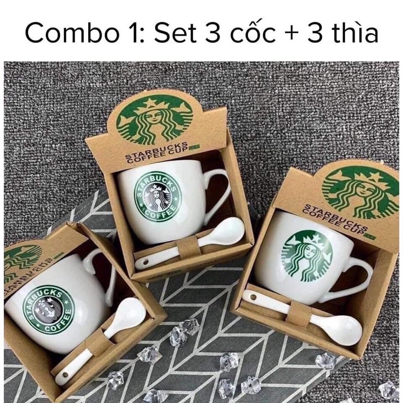 Set bình giữ nhiệt Starbuck và cốc sứ kèm thìa, inox 304 giữ nhiệt tới 12h