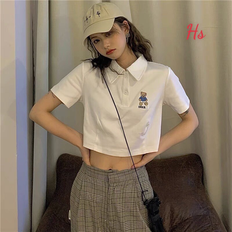 Áo Polo Croptop In Hình Gấu Dễ Thương và cá tính