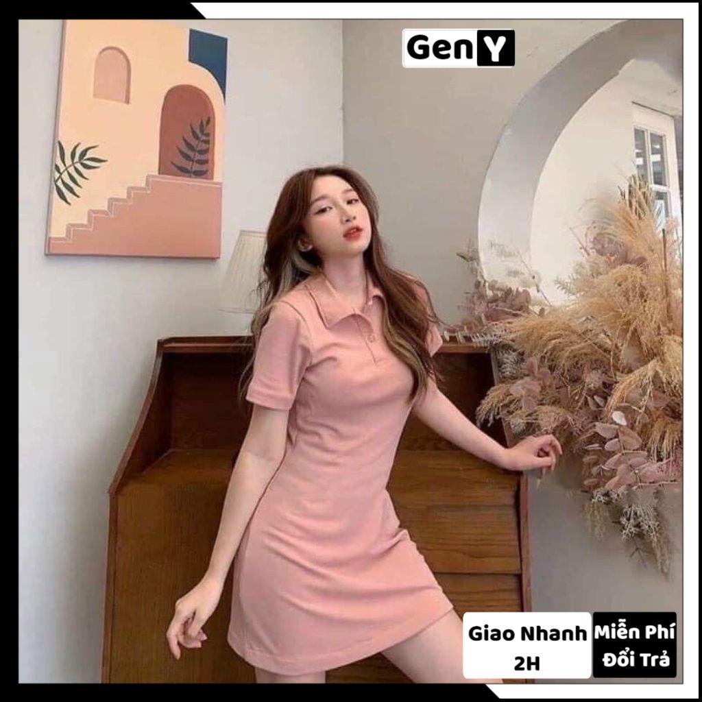 Đầm Body Cổ Polo GenY Chất Cotton Váy Dáng Ôm Trơn Màu Hồng Tay Ngắn Siêu Xinh