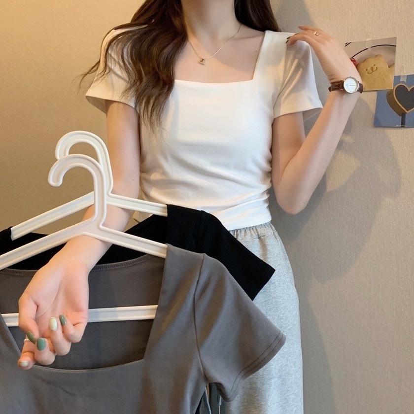 GENAISHA Áo Thun Ngắn Tay Cổ Vuông Xếp Ly Dáng Ôm Phong Cách Hàn Quốc Dành Cho Nữ