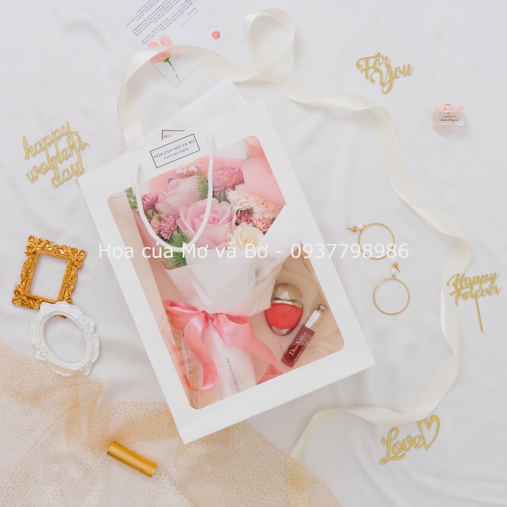 Túi Giấy Mặt Kính Đựng Hoa Lụa, Hoa Sáp và Quà Tặng Merber (Mơ Bơ) 2 màu hồng và trắng