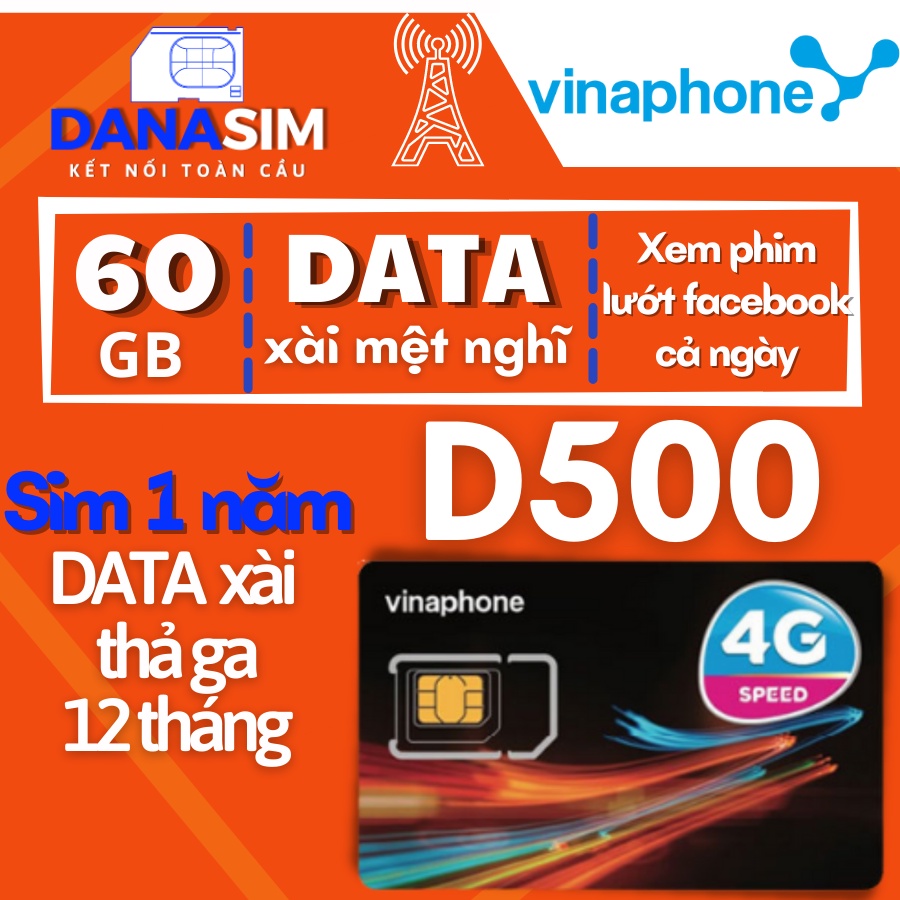 Sim 4G D500 Viettel / Vinaphone / UMAX50N Trọn Gói 1 Năm Không Nạp Tiền, Data 5Gb/Tháng, Sim Không giới hạn dung lượng