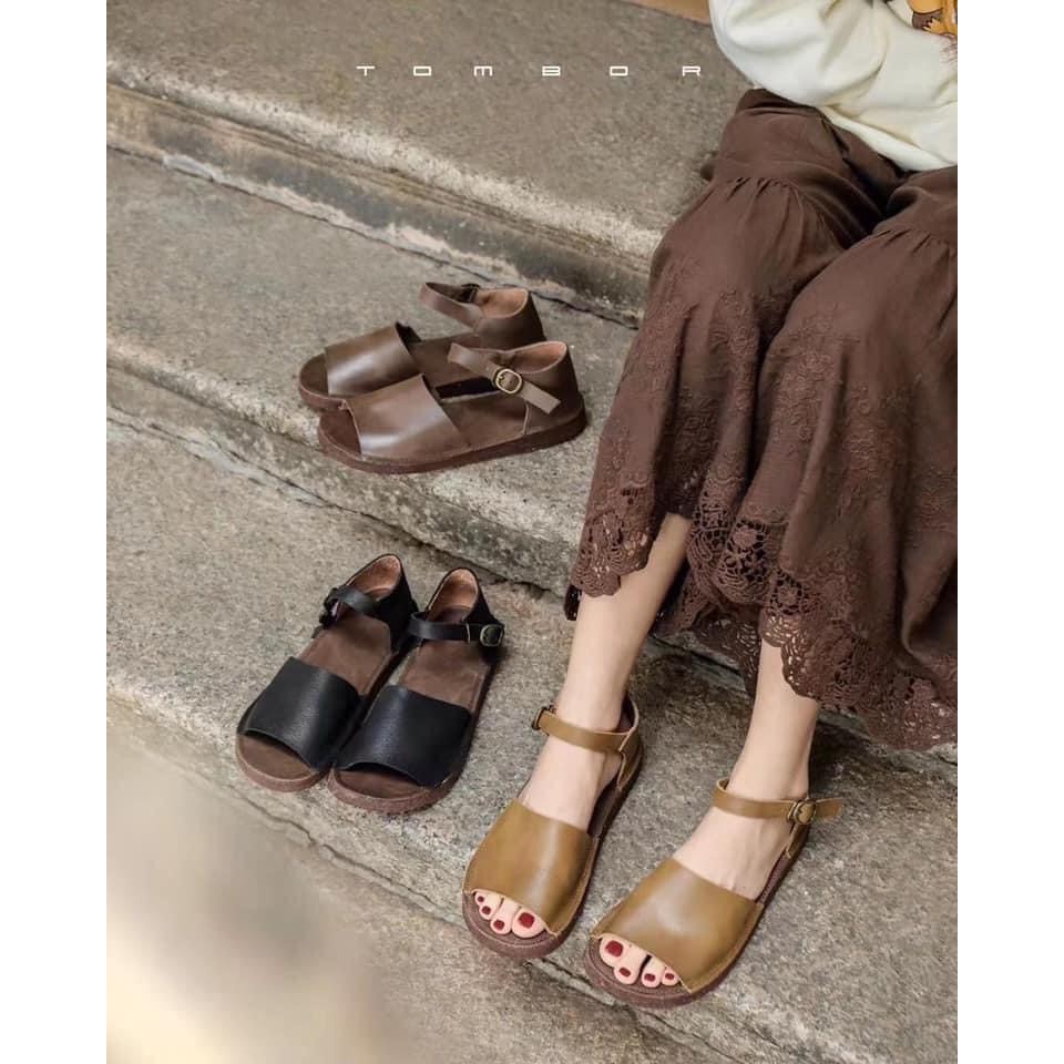 Giày Nữ Xăng Đan Hở Mũi Mary Jane - Da Thật Đế Cao Su Êm Bền - Vintage - 3 Màu Nâu Đậm Nâu Nhạt Đen - KATO Shop K093