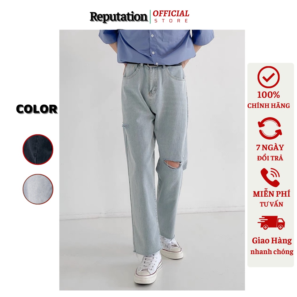 Quần jean nam REPUTATION rách 1 gối Xanh Nhạt dáng baggy ống suông rộng  phong cách hàn quốc
