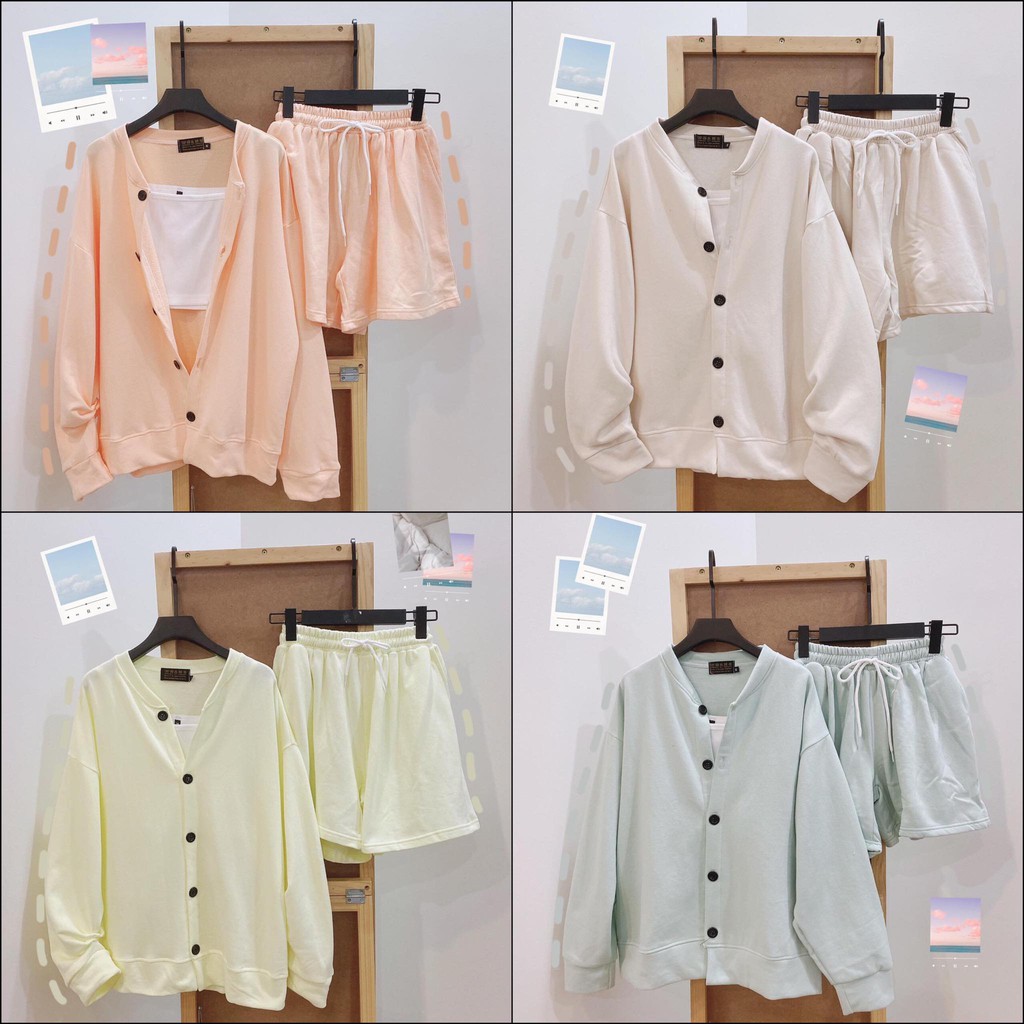 Set Cardigan YAYSHOP dáng rộng basic chất nỉ bông mềm dày dặn - 3 sản phẩm (Áo cardigan + short + bra)