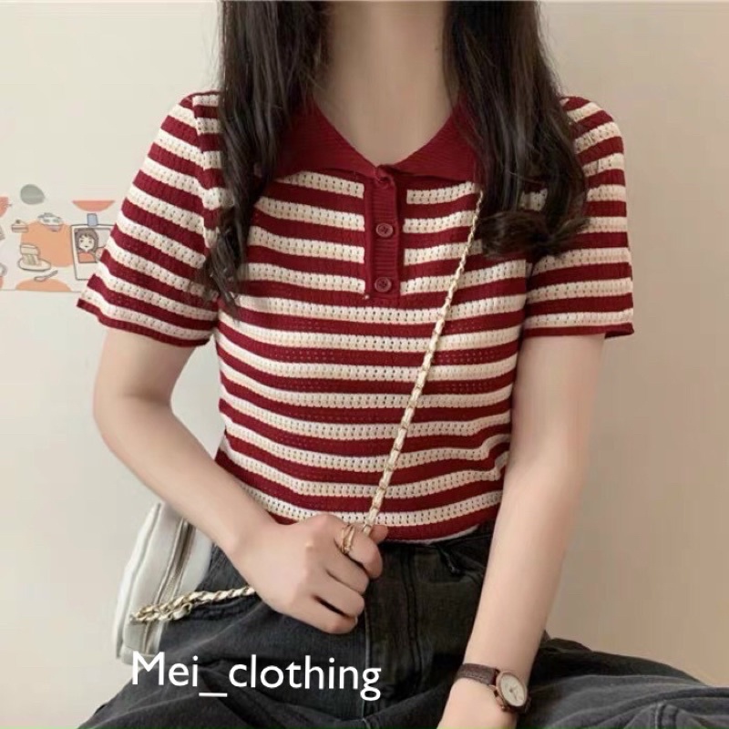 [Ảnh thật/hàng QC] Áo len dệt kim hoạ tiết kẻ ngang phong cách Hàn Quốc/ len cổ bẻ