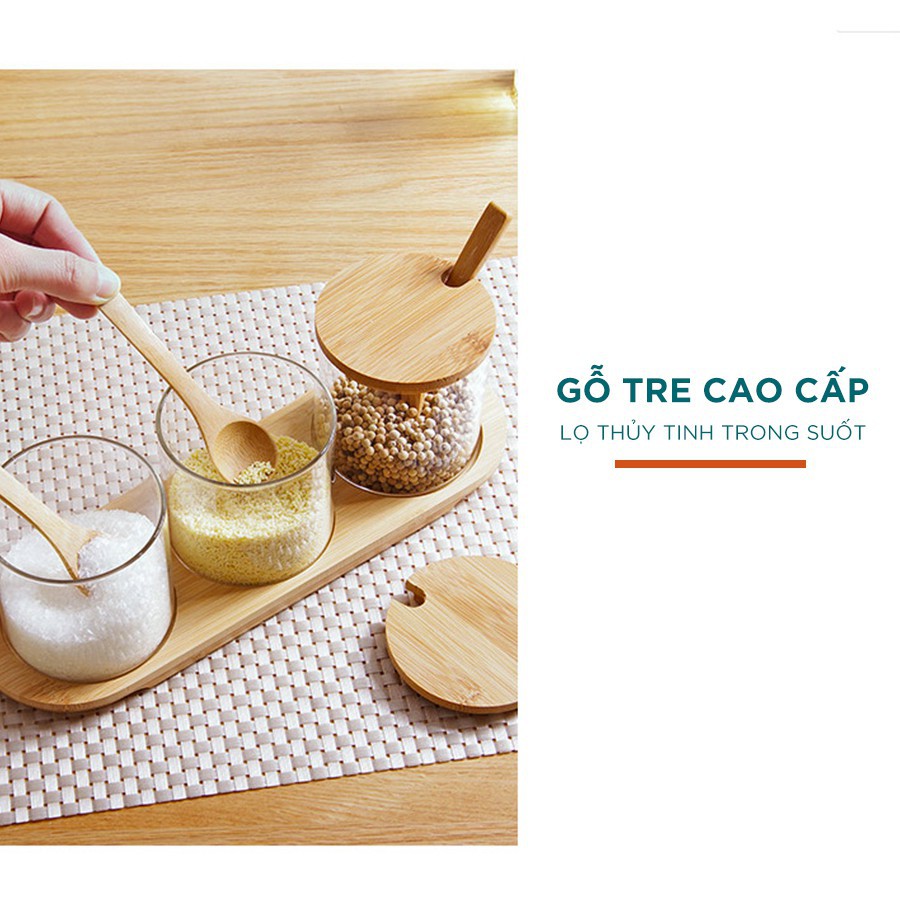 Set hũ đựng gia vị nắp gỗ cao cấp - Tặng kèm khay gỗ và thìa gỗ | BigBuy360 - bigbuy360.vn