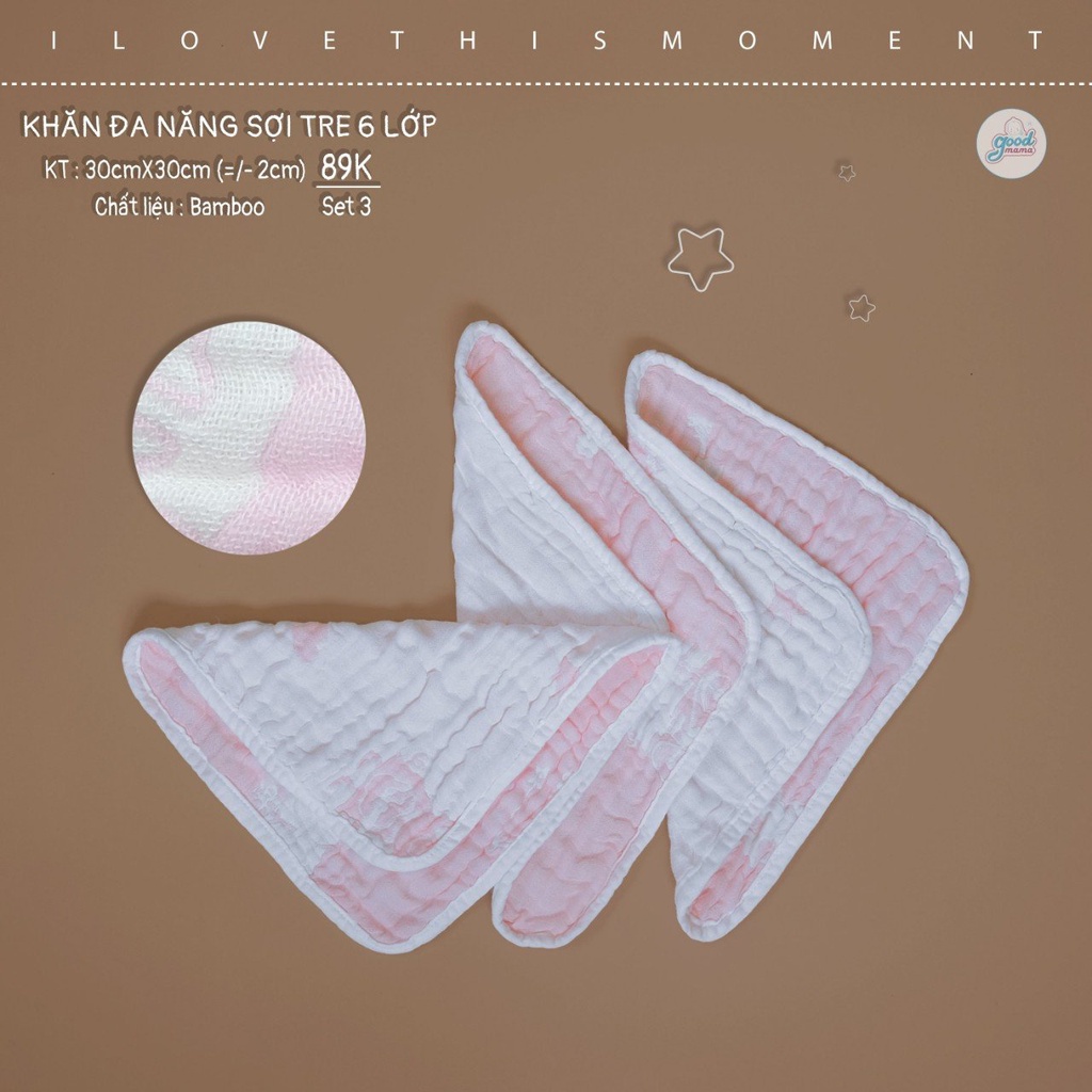 Khăn sữa sợi tre cho bé Goodmama Set 3 cái 30x30cm vải sợi tre 6 lớp mềm mại, bông xốp