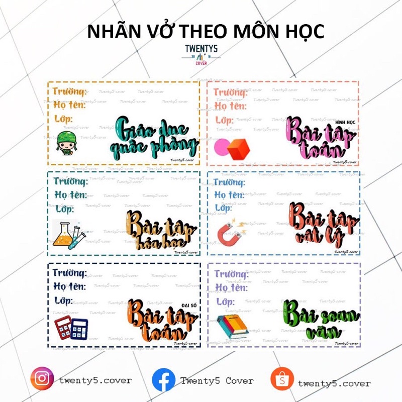 Set nhãn vở theo môn mẫu 01