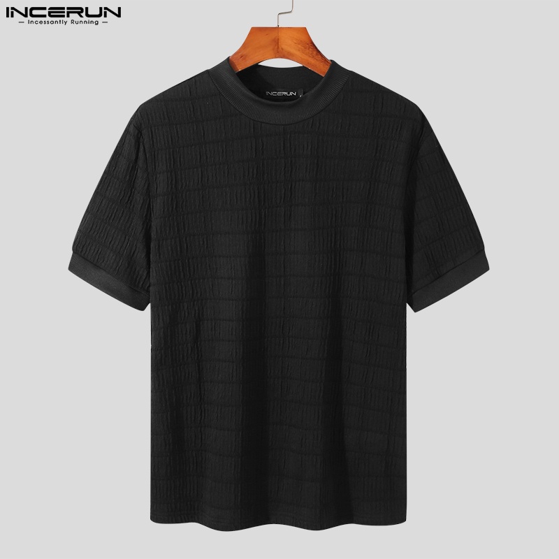 Áo thun INCERUN tay ngắn cổ cao màu trắng/đen thời trang cho nam