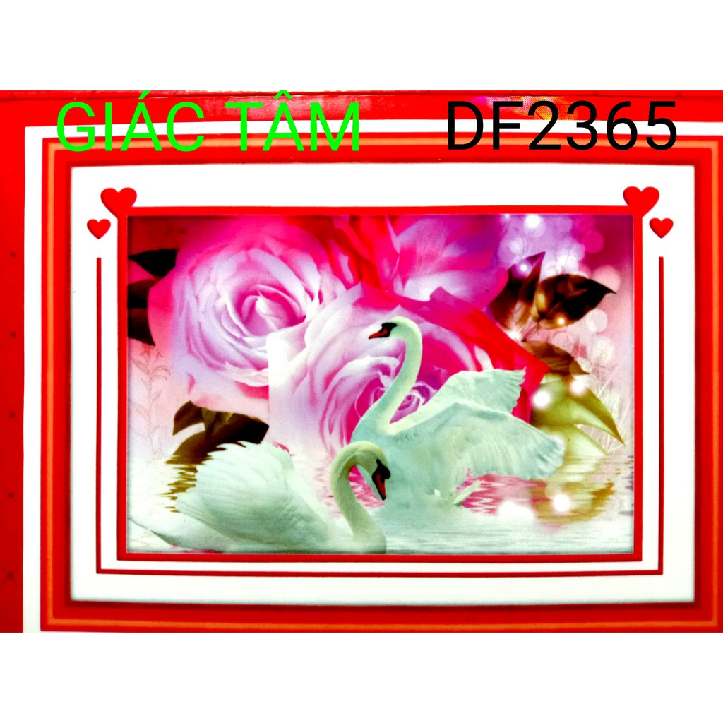 Tranh đá HỒ THIÊN NGA BÔNG HOA HỒNG TRÁI TIM TÌNH YÊU - 70x50cm - DF2365 - tranh đá chưa làm - chưa gắn đá