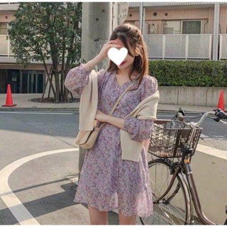 [Order] Váy tím hoa nhí cổ V (Ảnh thật)