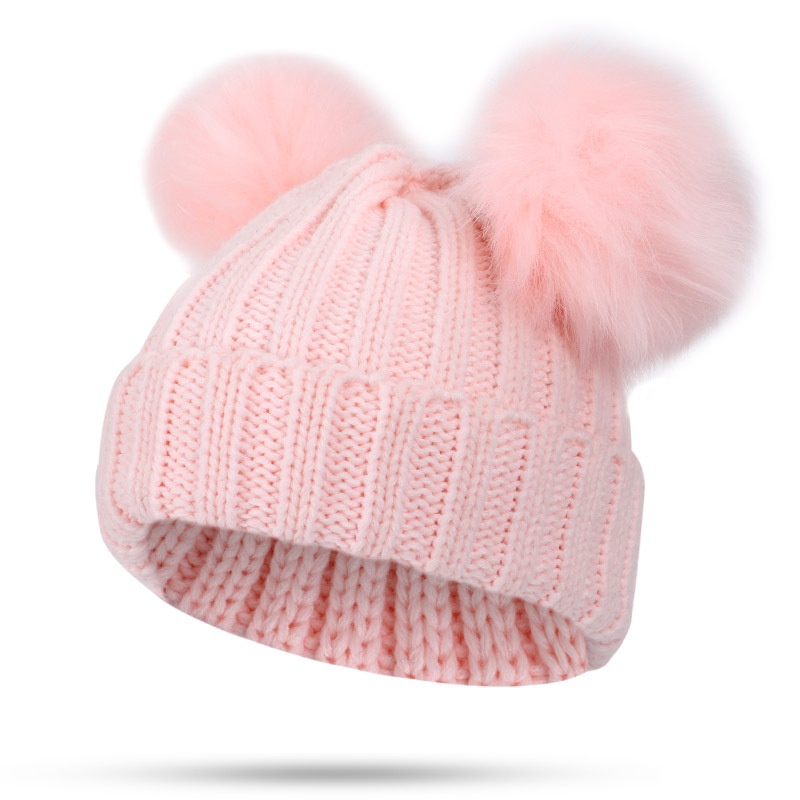 Dễ Thương Mũ Len Trùm Tai Giữ Ấm Màu Trơn Đính Quả Bông Xinh Xắn Cho Bé