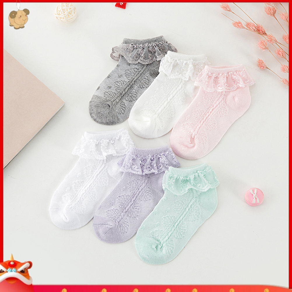 Tất Cotton Phối Ren Thoáng Khí Màu Trơn Dễ Thương Cho Bé Gái
