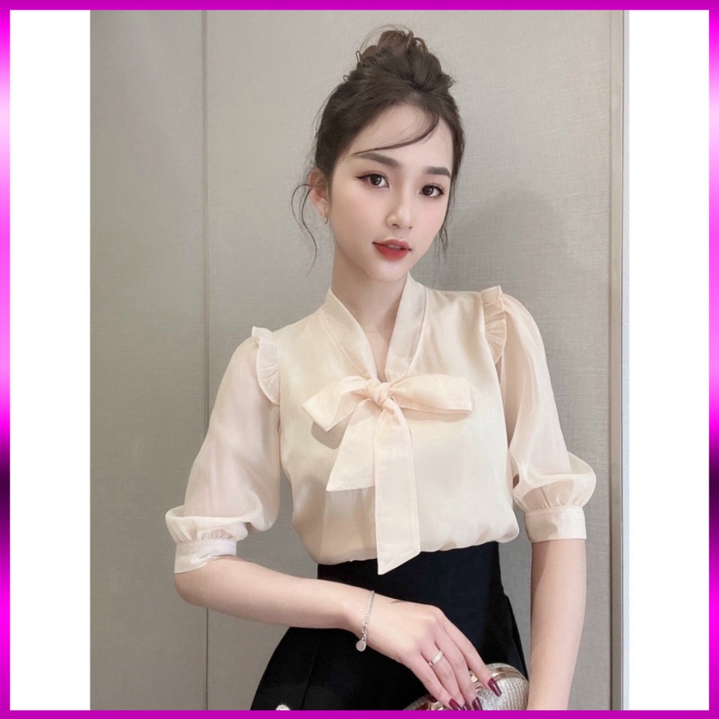 [ Loại 1] Áo sơ mi nữ kiểu cổ thắt nơ trẻ trung, Chất lụa phối, tay áo lỡ đẹp