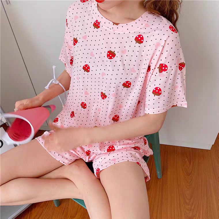 [ Mã WASTAPR giảm 10K đơn 50K] BỘ NGỦ CỘC TAY HÌNH QUẢ ĐÀO - BỘ MẶC NHÀ CHẤM BI TRÁI DÂU ULZZANG | BigBuy360 - bigbuy360.vn