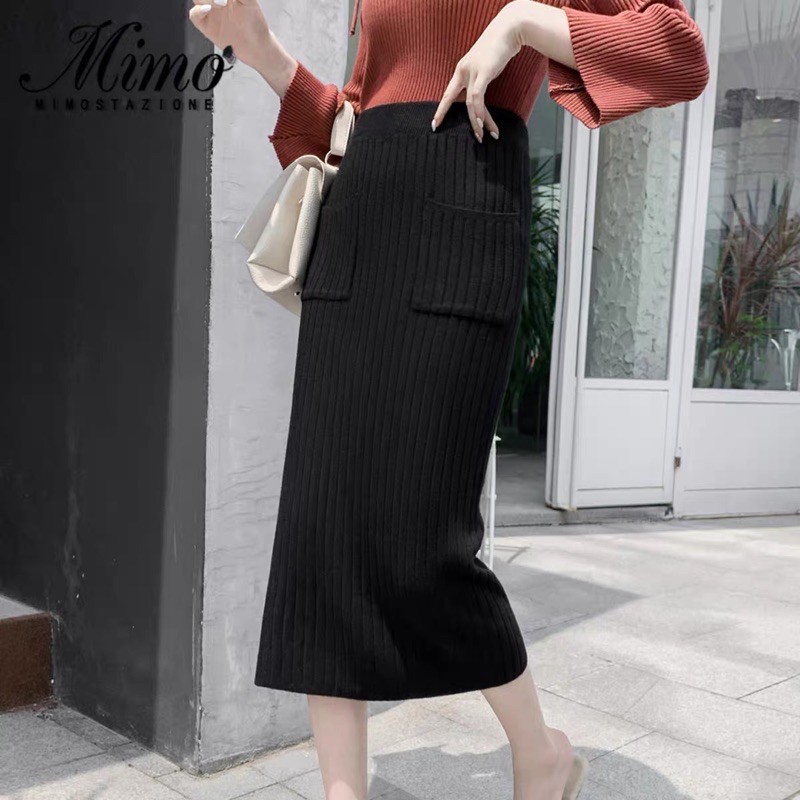 [Hàng Quảng Châu]SP042 Chân váy len midi xẻ tà túi vuông