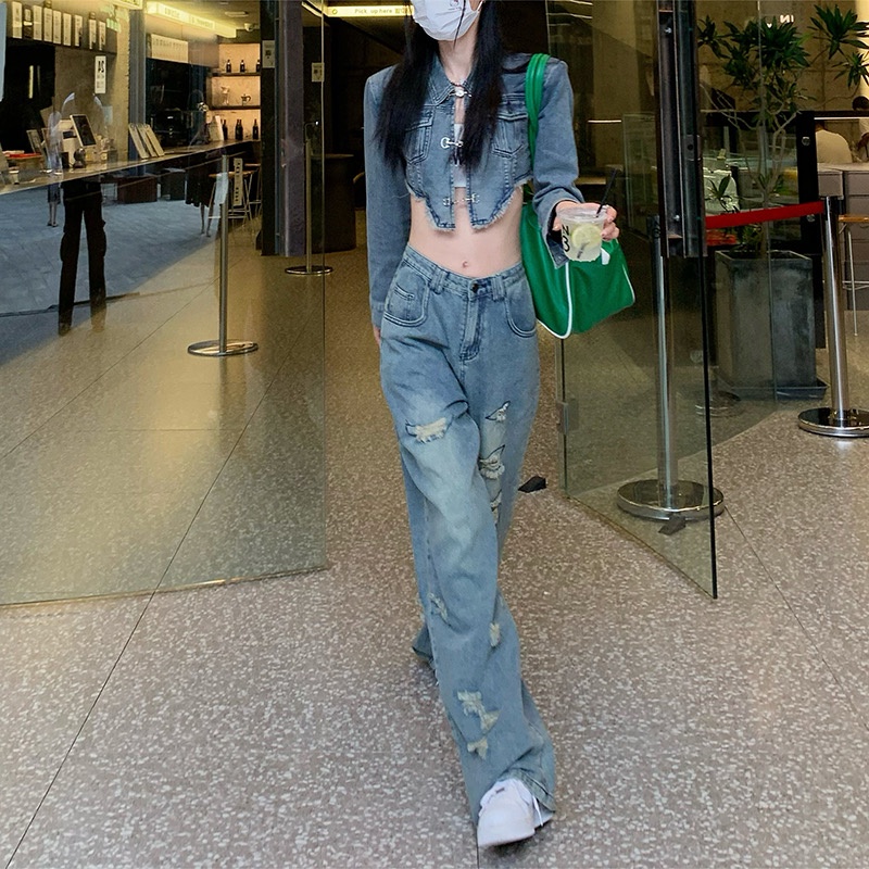 Set Áo Khoác Jeans Dài Tay + Quần Short Jeans Thời Trang Nữ