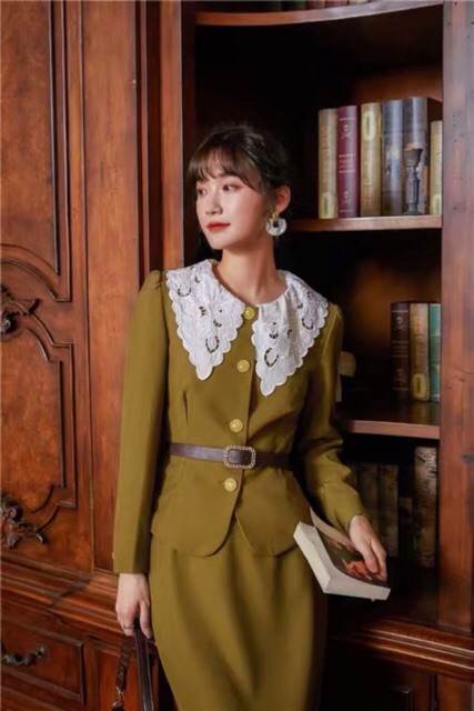 Set vest chân váy classic cao cấp, set áo vest chân váy retro cổ điển