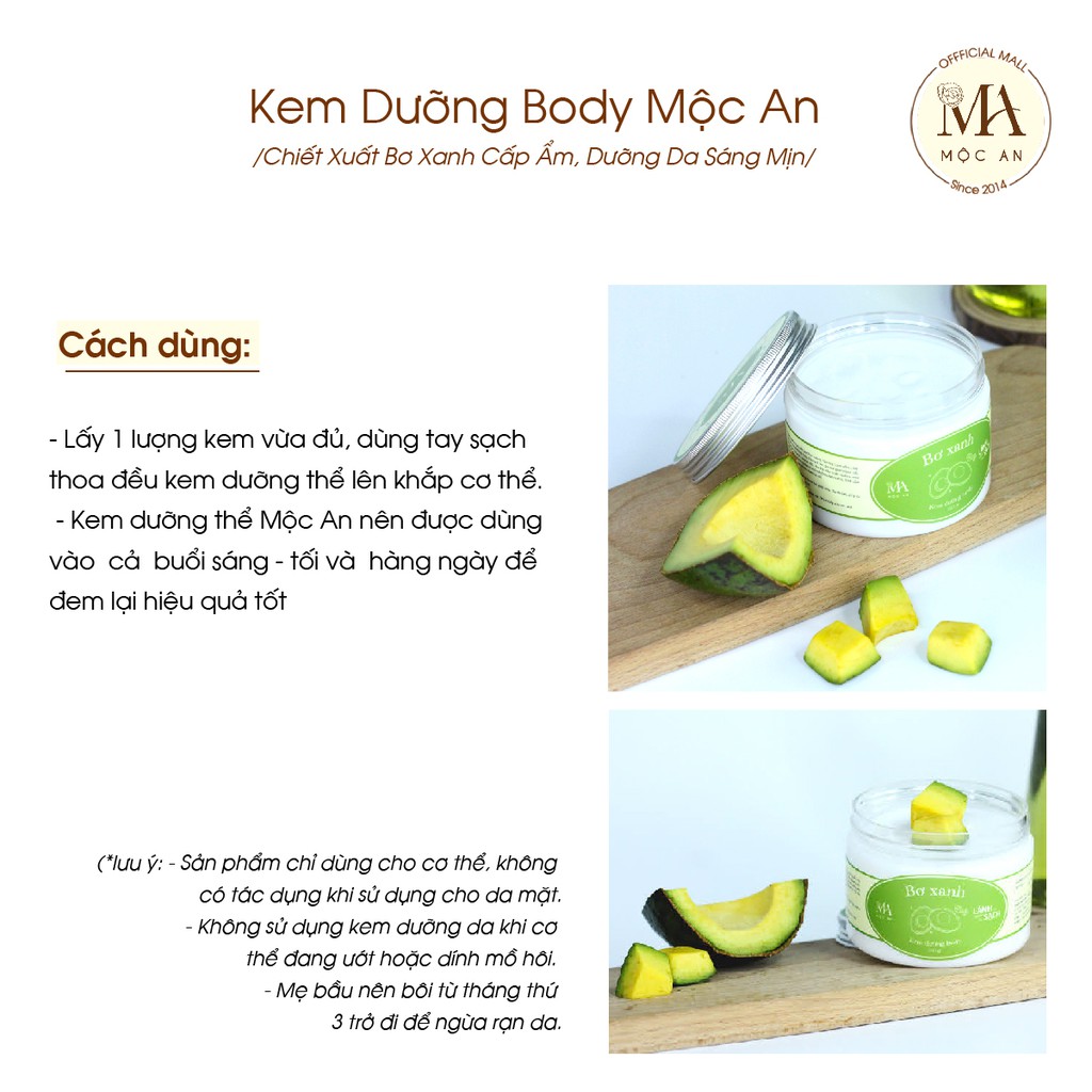 Kem Dưỡng Body Mộc An Chiết Xuất Bơ Xanh Cấp Ẩm, Dưỡng Da Sáng Mịn 30g - Sample Mini