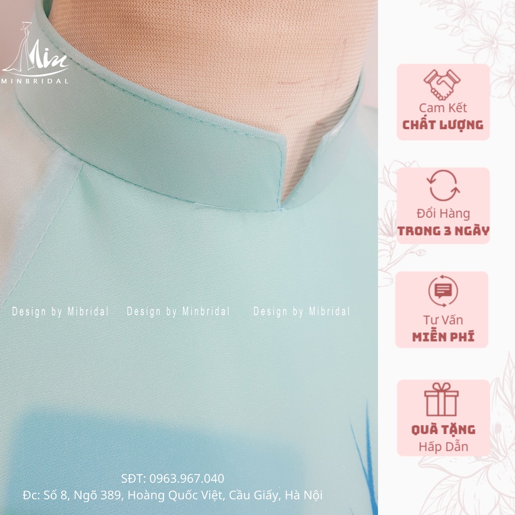 Áo dài tết màu xanh nhạt, 4 tà cổ vuông 2cm chất liệu voan tơ óng in hoa văn | BigBuy360 - bigbuy360.vn