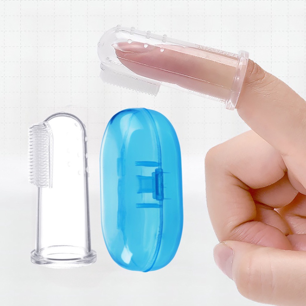 Rơ lưỡi silicon cho bé, bàn chải đánh răng xỏ ngón silicon siêu mềm an toàn, có hộp đựng giữ vệ sinh