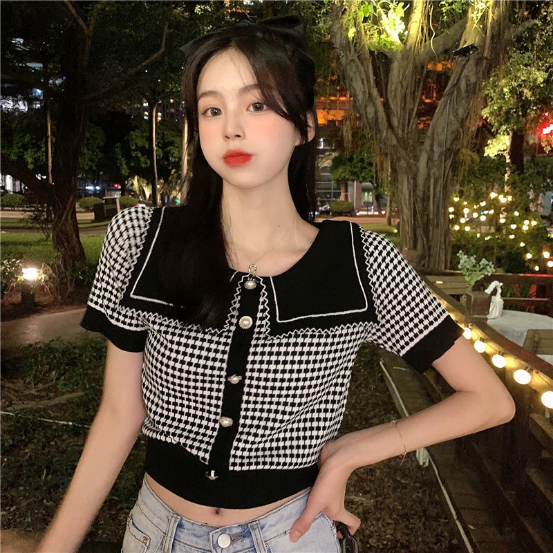Áo dệt kim tay ngắn cổ búp bê thời trang mùa hè mới 2021 cho nữ