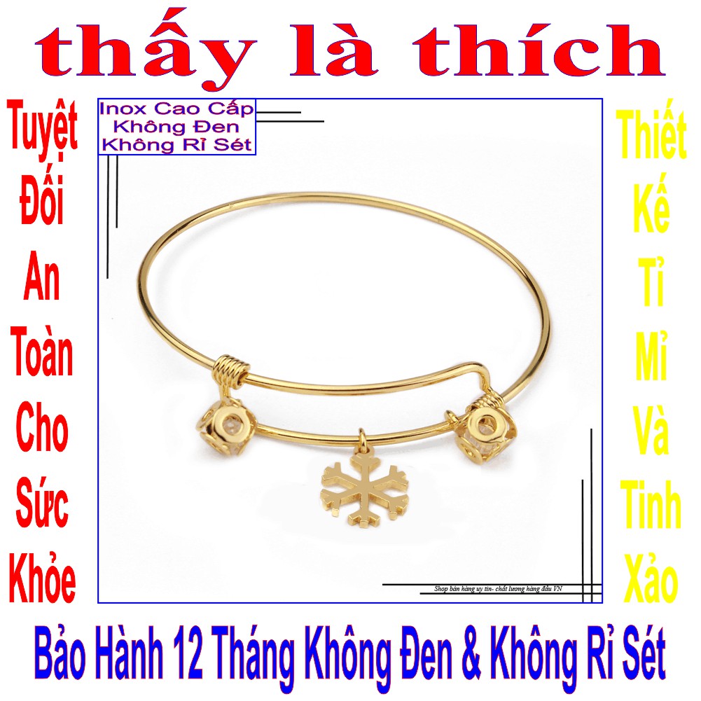 Kiềng tay nữ vàng kiểu hoa tuyết và 2 xúc xắc đính đá - Cam kết 1 đổi 1 nếu hoen, gỉ sét