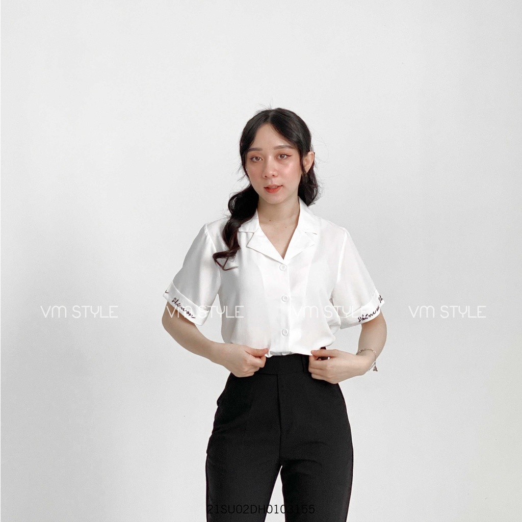 Áo sơ mi tay ngắn cổ vest thêu chữ ulzzang thời trang VM STYLE 22SU03DH0401