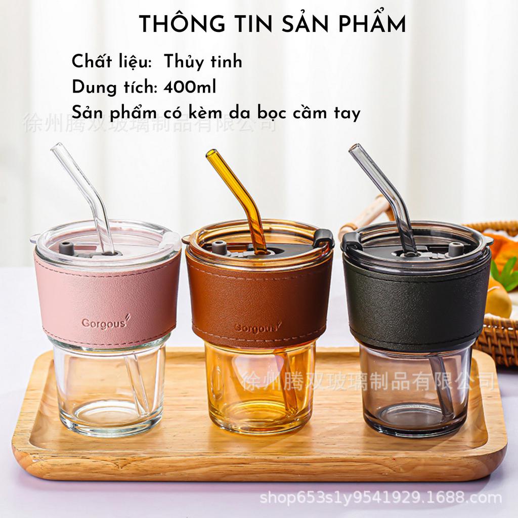 Cốc Thủy Tinh Cao Cấp Kèm Bao Da Tiện Dụng Đựng Nước, Trà Có Ống Hút Kèm Nắp Đậy FASOLA