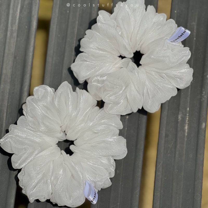 Buộc Tóc Scrunchies Trắng Vải Tơ Xước Óng Ánh Nhiều Size