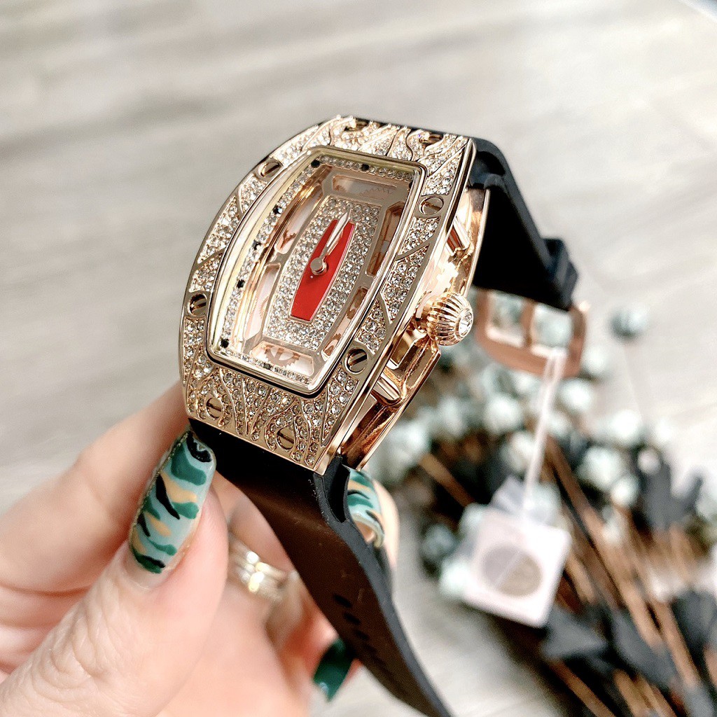 Đồng Hồ Nữ Davena Dây Silicon Đen Mặt Hoa Văn Đính Đá Rose Gold D31995 36mm Chính Hãng