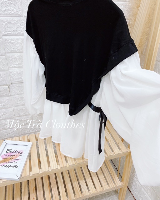 HÀNG ĐẸP Áo Sơ Mi Dáng Babydoll Tay Bồng Siêu Xinh , Áo Thu Pha Đen Trắng