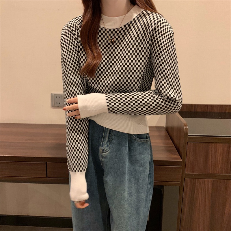 Áo sweater ZHELIHANGFEI dài tay dáng ôm kẻ sọc caro thời trang cho nữ