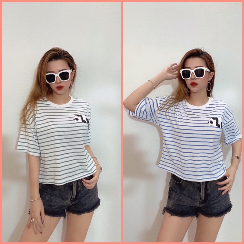 Áo cánh dơi form croptop sọc in gấu trúc ngủ, 2 màu